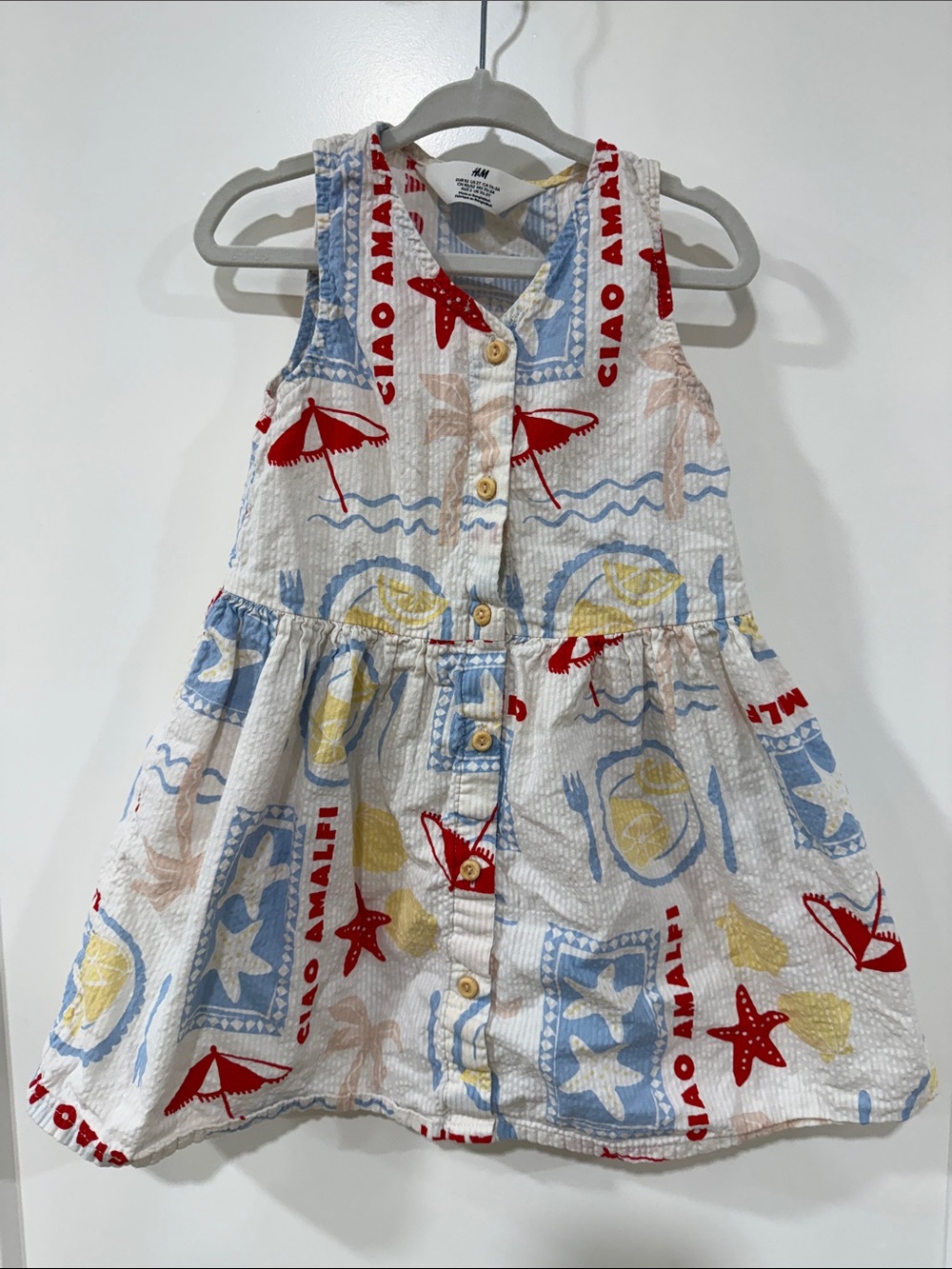H&M Girls White Dress with Red, Blue & Yellow Beach Motifs 2T